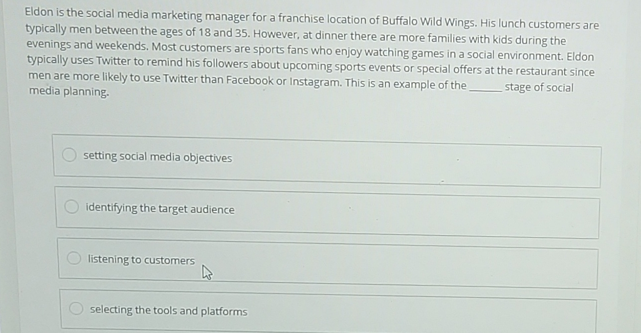 Solved Eldon is the social media marketing manager for a | Chegg.com