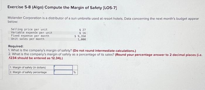 Solved Exercise 5-8 (Algo) Compute the Margin of Safety | Chegg.com