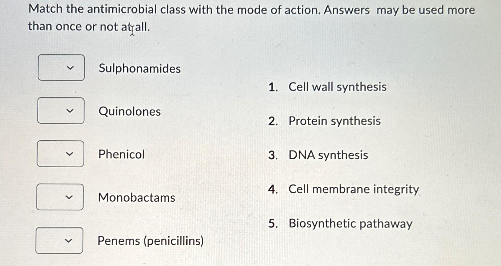 Solved Match the antimicrobial class with the mode of | Chegg.com