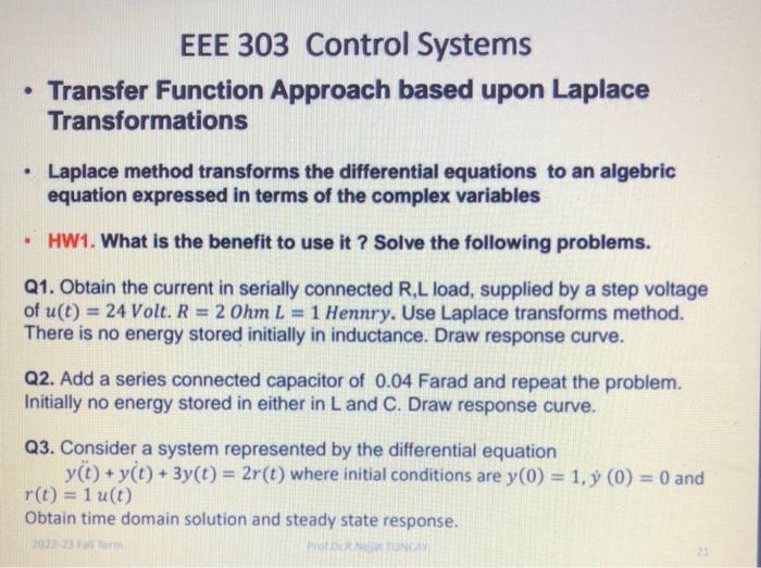 Solved EEE 303 Control Systems - Transfer Function Approach | Chegg.com