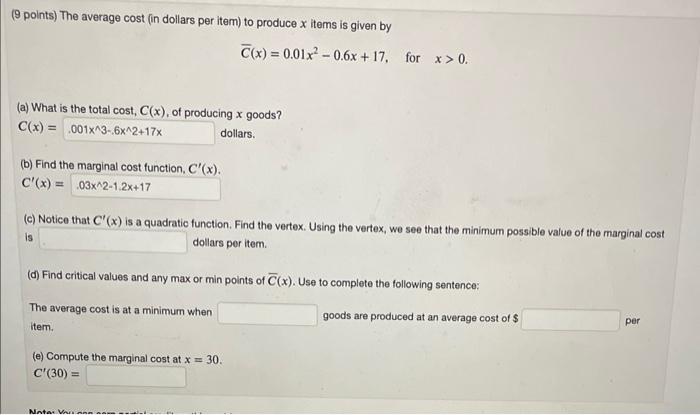 Solved (9 points) The average cost (in dollars per item) to | Chegg.com