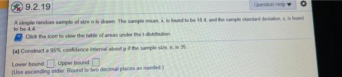Solved 9.2.19 Question Help A simple random sample of size n | Chegg.com