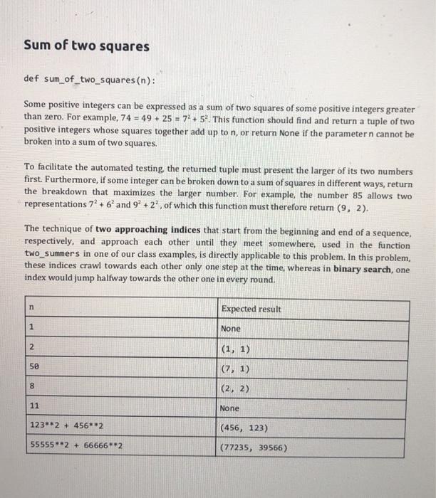 Solved Sum of two squares def sum_of_two_squares (n): Some | Chegg.com