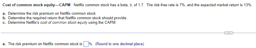 Solved Cost Of Common Stock Equity-CAPM Netflix Common Stock | Chegg.com