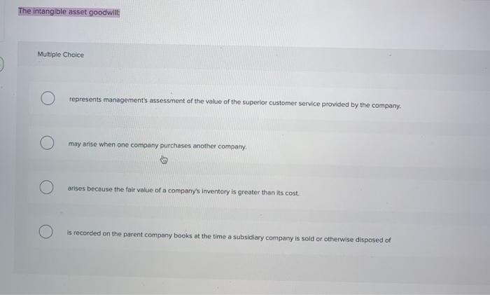 Solved The intangible asset goodwill Multiple Choice | Chegg.com