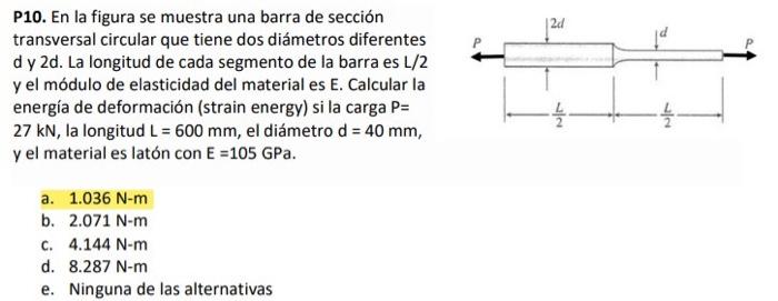 P10. En la figura se muestra una barra de sección transversal circular que tiene dos diámetros diferentes d y 2 d. La longitu