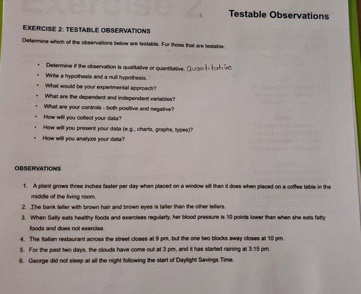 Solved Testable Observations EXERCISE 2: TESTABLE | Chegg.com