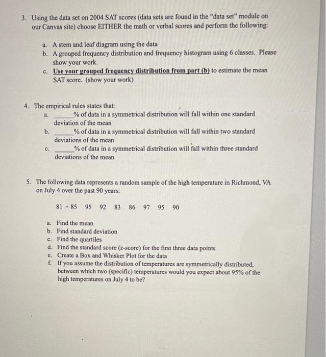Solved 3. Using the data set on 2004 SAT scores (data sets | Chegg.com