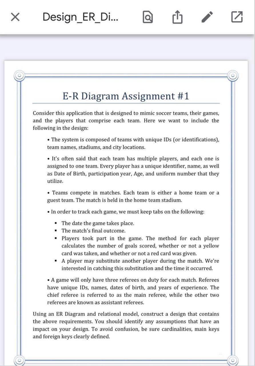 Solved Х Design_ER_Di... o E-R Diagram Assignment #1 | Chegg.com