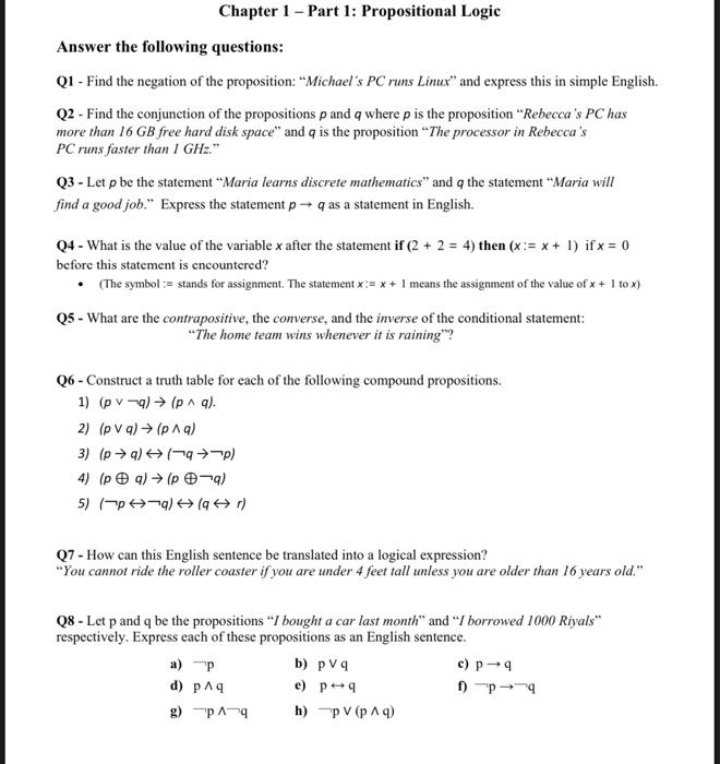 Solved Chapter 1 - Part 1: Propositional Logic Answer The | Chegg.com