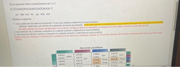 En la siguiente hebra complementaria de 5 a 3 5 CCCAUGAUGUUAGGAUGAUUU 3 pro Mel met leugly stop phe Reale lo siguiente: 1. Un