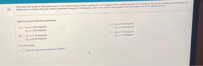 Solved State the nul and atemative hypotheses A. HgH=3.35 | Chegg.com