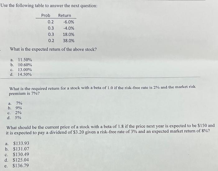 Solved Use The Following Table To Answer The Next Question: | Chegg.com