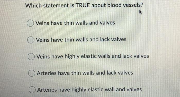 Which statement is TRUE about blood vessels? Veins have thin walls and valves Veins have thin walls and lack valves Veins hav