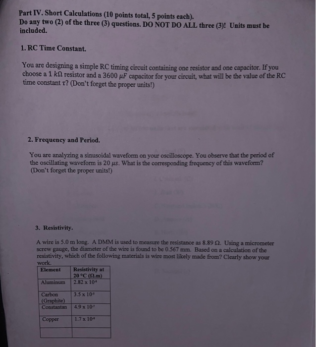 Solved Part Iv Short Calculations 10 Points Total 5 Po Chegg Com