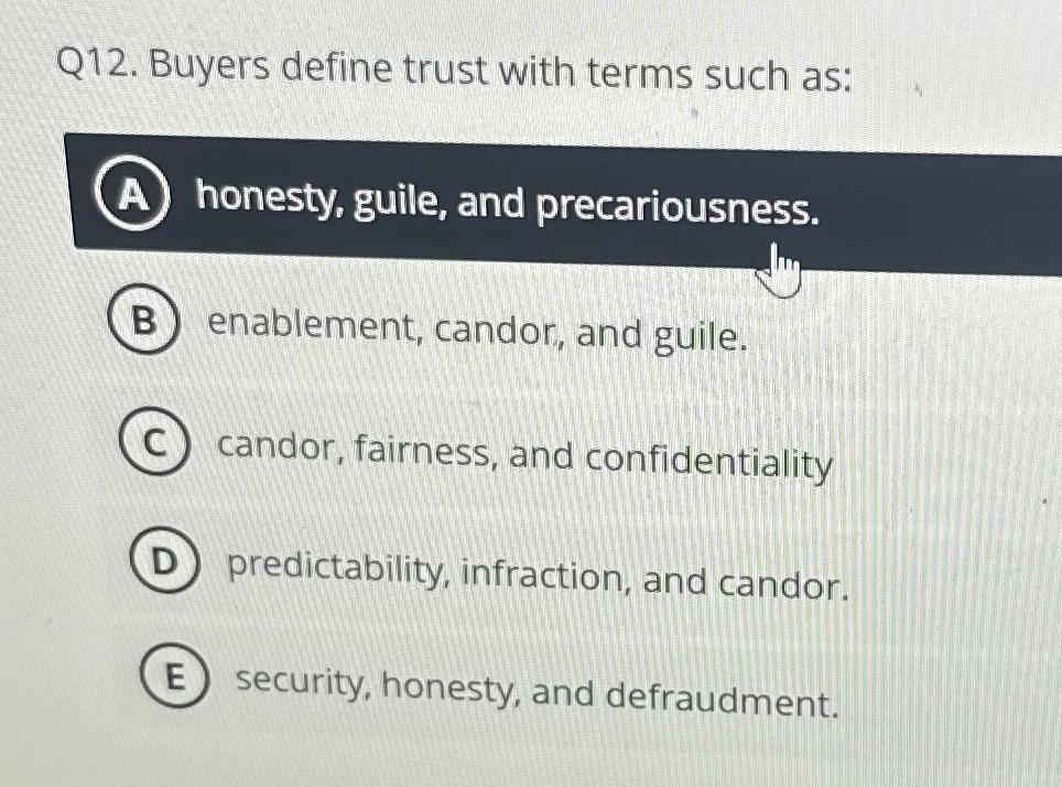 Solved Q12. ﻿Buyers define trust with terms such as:(A) | Chegg.com