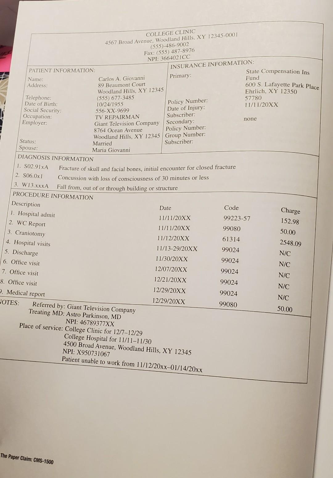 Task: ASSIGNMENT 14.12 COMPLETE A CLAIM FORM FOR A | Chegg.com