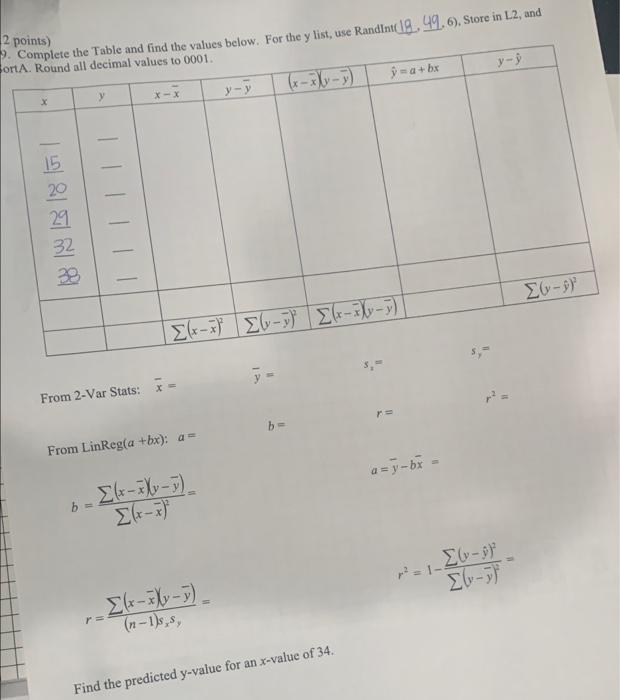 Solved 2 points) . Complete the Table and find the values | Chegg.com