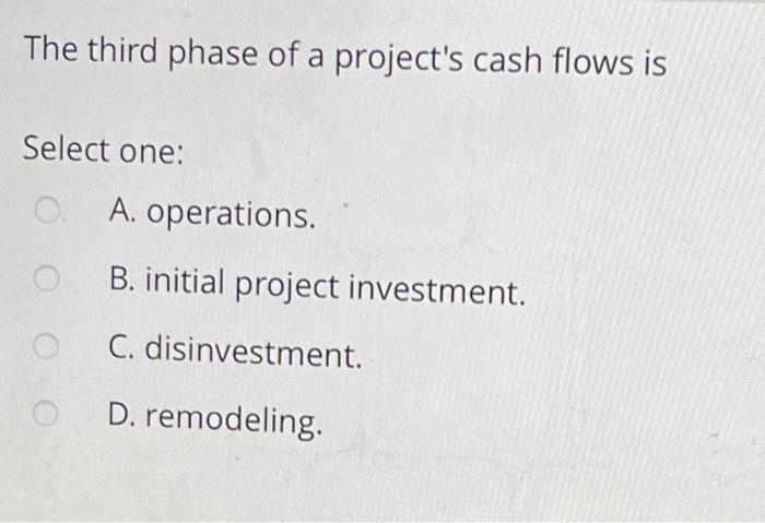 Solved The third phase of a project's cash flows is Select | Chegg.com