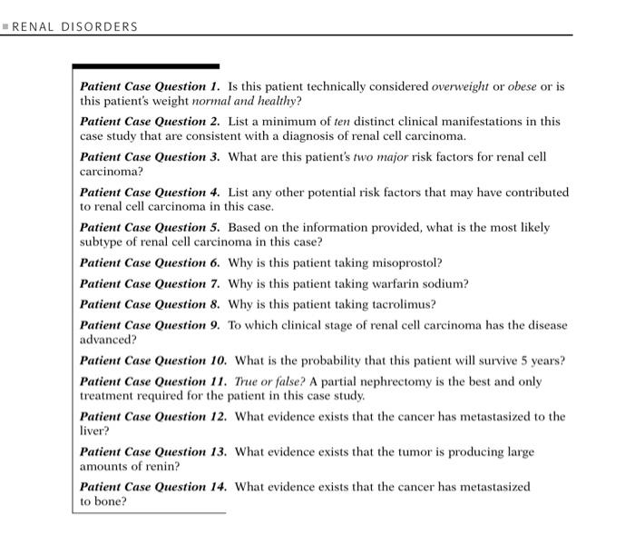 Solved CASE STUDY 33 RENAL CELL CARCINOMA For the Disease