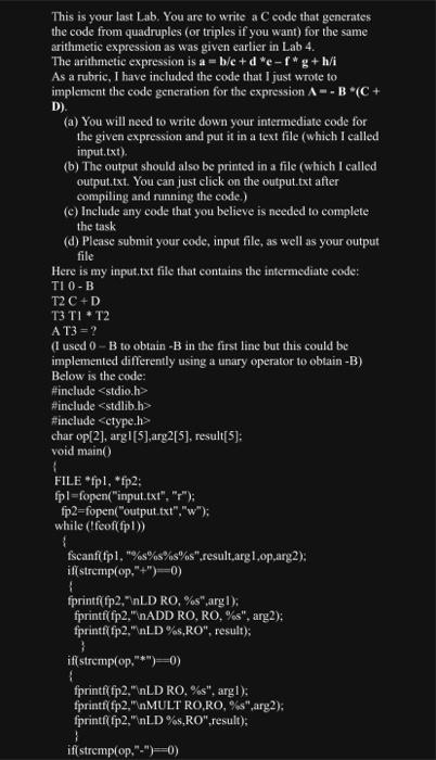 Solved This is your last Lab. You are to write a C code that | Chegg.com
