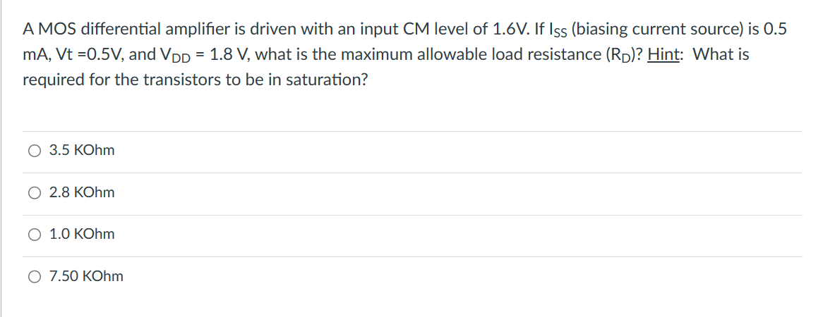Solved A MOS differential amplifier is driven with an input | Chegg.com