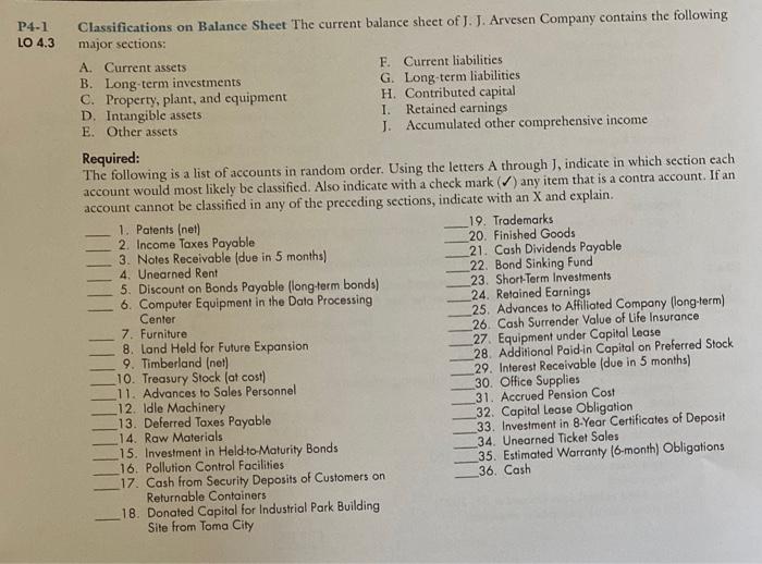 Solved P41 LO 4.3 Classifications on Balance Sheet The