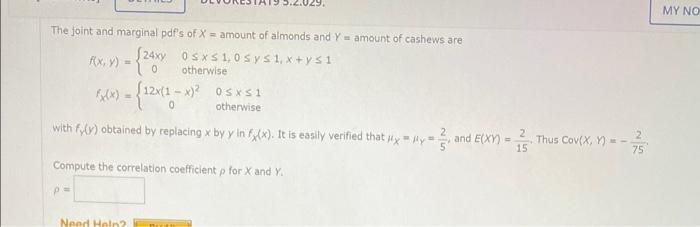 Solved The joint and marginal pdf's of X = amount of almonds | Chegg.com