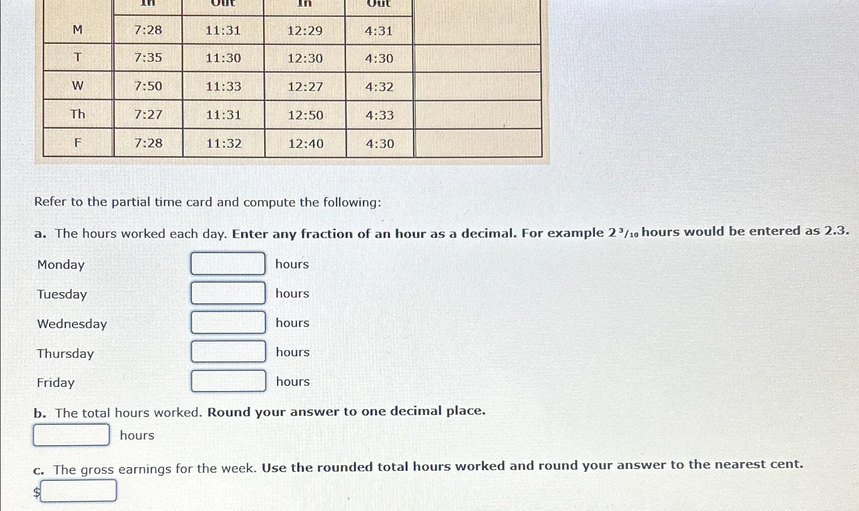 Solved Refer to the partial time card and compute the | Chegg.com