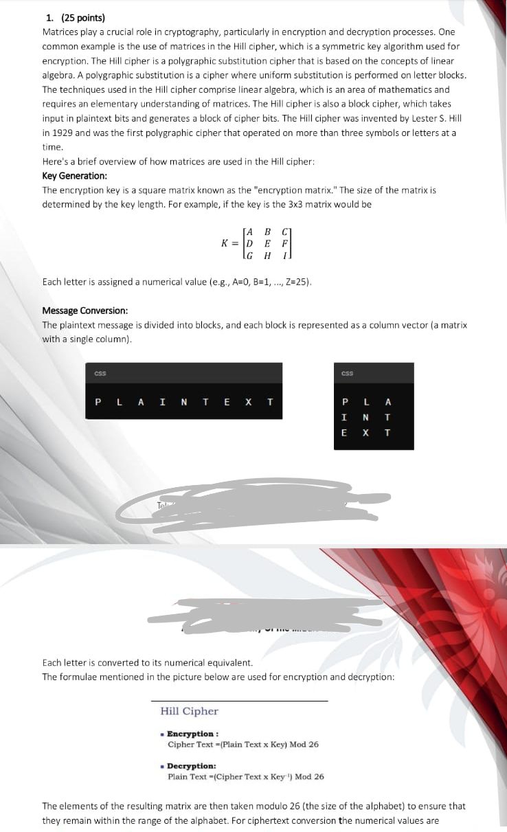 Encryption Matrix Solved (25 points)Matrices play a crucial role in | Chegg.com