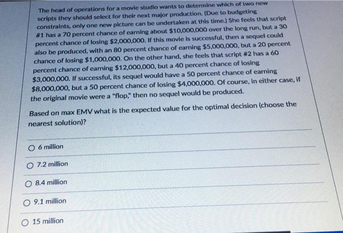Solved The head of operations for a movie studio wants to | Chegg.com