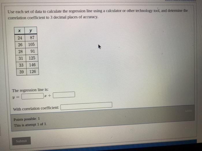 Solved Use each set of data to calculate the regression line | Chegg.com