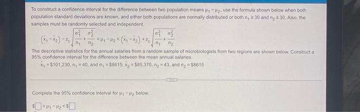 Solved To construct a confidence interval for the difference | Chegg.com
