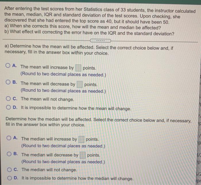 Solved After entering the test scores from her Statistics | Chegg.com