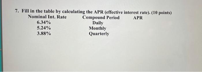 Solved 7. Fill in the table by calculating the APR | Chegg.com