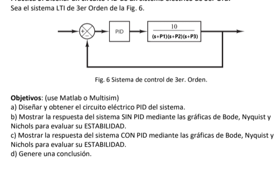 Sea el sistema LTI de 3er Orden de la Fig. 6. Fig. 6 Sistema de control de 3er. Orden. Objetivos: (use Matlab o Multisim) a)