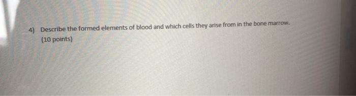 4) Describe the formed elements of blood and which cells they arise from in the bone marrow. (10 points)