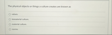 Solved The physical objects or things a culture creates are | Chegg.com