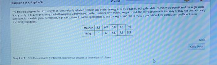 The table below ghes the bith weights of fue randomly selected mothers and the birth weights of their babies, Using this data