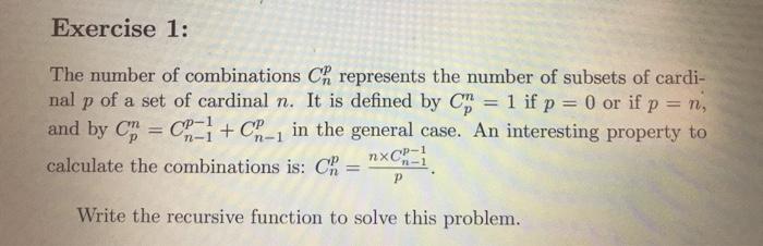 Solved Exercise 1: The number of combinations Ch represents | Chegg.com