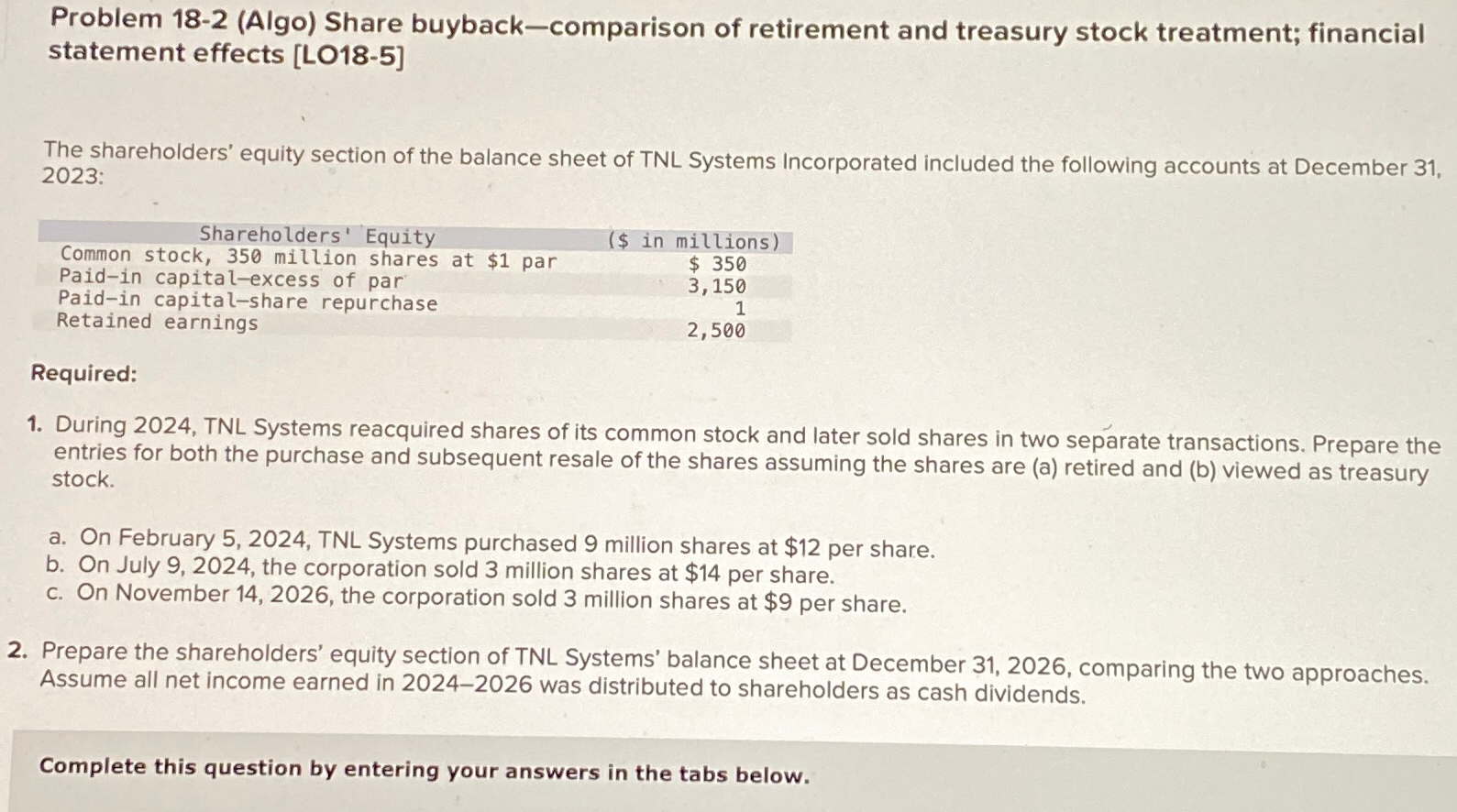Solved Problem 18-2 (Algo) ﻿Share buyback-comparison of | Chegg.com
