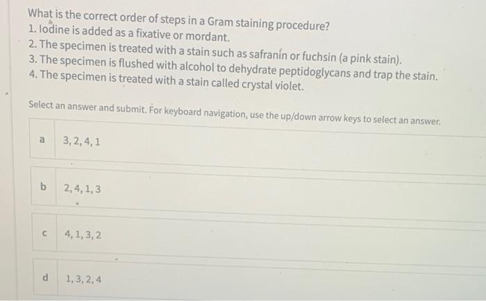 Solved What is the correct order of steps in a Gram staining | Chegg.com