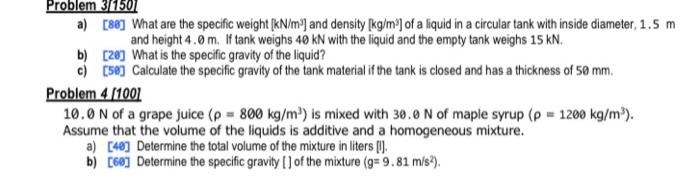 Solved Problem 31501 a) [887 What are the specific weight | Chegg.com