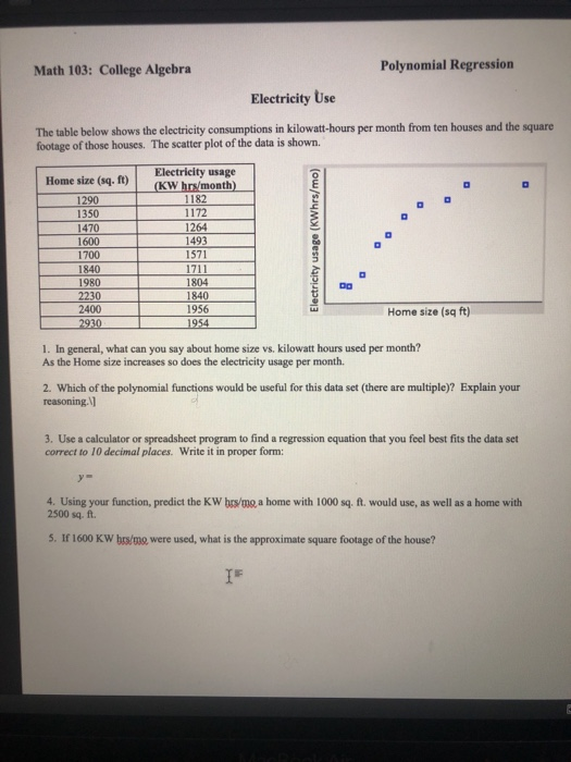 Solved Math 103 College Algebra Polynomial Regression Chegg Com