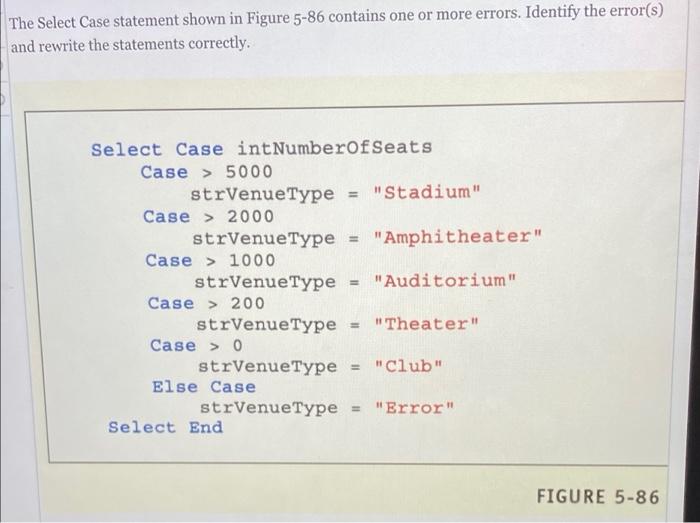 Solved The Select Case statement shown in Figure 5-86 | Chegg.com