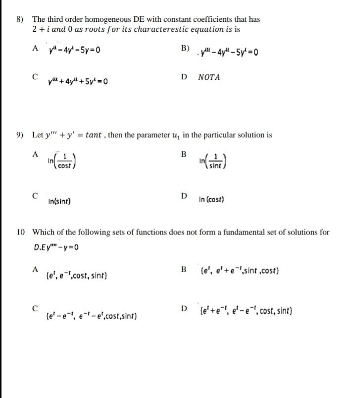 Solved 8) The third order homogeneous DE with constant | Chegg.com