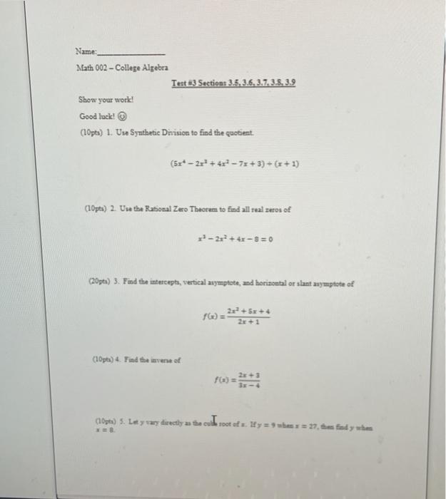 Solved Name Math 002 - College Algebra Test 23 Sections | Chegg.com