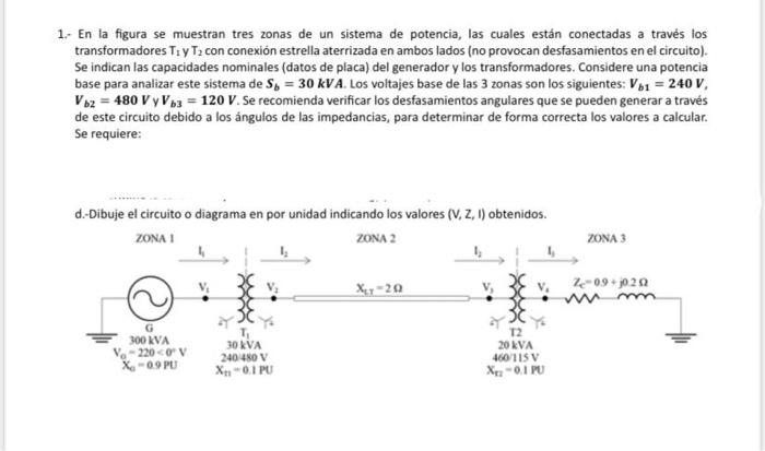 1. En la figura se muestran tres zonas de un sistema de potencia, las cuales están conectadas a través los transformadores \(