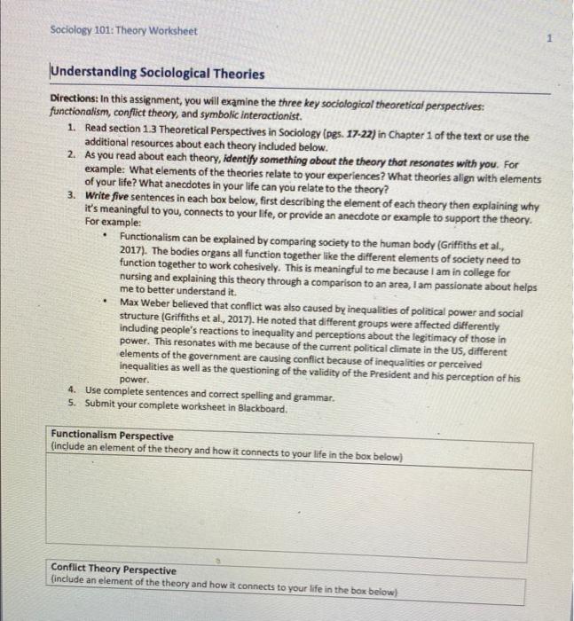 Understanding Sociological Theories Directions: In | Chegg.com