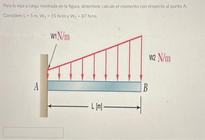 Para la viga y carga mostrada en la figura, determine calcule el momento con respecto al punto \( \mathrm{A} \). Considere \(